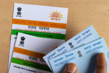 Birbhum, Batı Bengal / Hindistan - 18 Ağustos 2020: PAN ve kalem bulanık gözlüklerle Aadhaar sembolüne seçici odaklanma