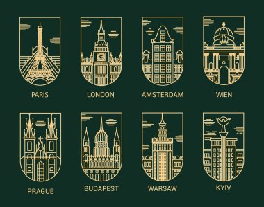 Avrupa başkentlerinin piktogram koleksiyonu. Paris, Londra, Amsterdam, Wien, Prag, Budapeşte, Varşova, Kiev. Tırman. Turizm.