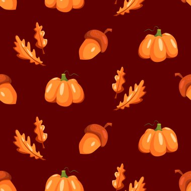 Balkabaklarıyla, meşe palamutlarıyla ve kahverengi arka planda yapraklarıyla kusursuz sonbahar deseni. Vektör Sonbahar İllüstrasyonu.