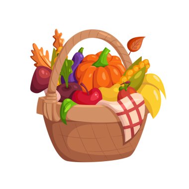 Sonbahar hasadı. Sonbahar sebzeli sepet. Sebze hasadı. Vektör düz resimleme.