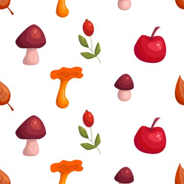 Beyaz arka planda mantar, elma ve gül üzümlü kusursuz sonbahar deseni. Düz vektör illüstrasyonu.