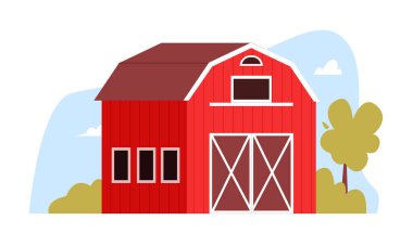 Çiftlik bahçesinde duran kırmızı ahır evi. Vektör düz resimleme.