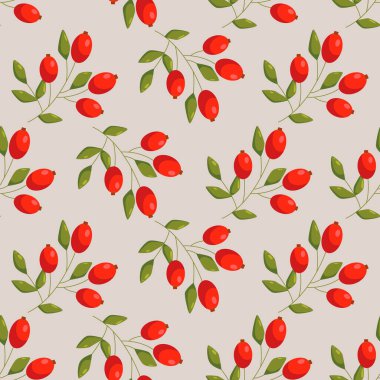 Tasarım ve Tekstil için Rosehips böğürtlenli kusursuz desen. Arka planda kal. Vektör İllüstrasyonu.
