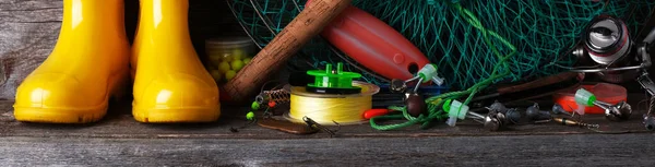 Fishing Tackle Yellow Rubber Boots Wooden Vintage Background — Stock Photo, Image