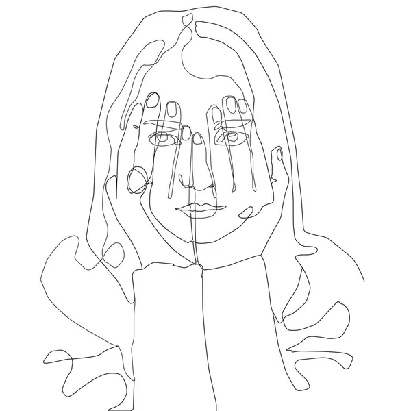 Rosto Mulher Com Mãos Cabelo Continuos Desenho Contorno Fino Uma Imagem De Stock