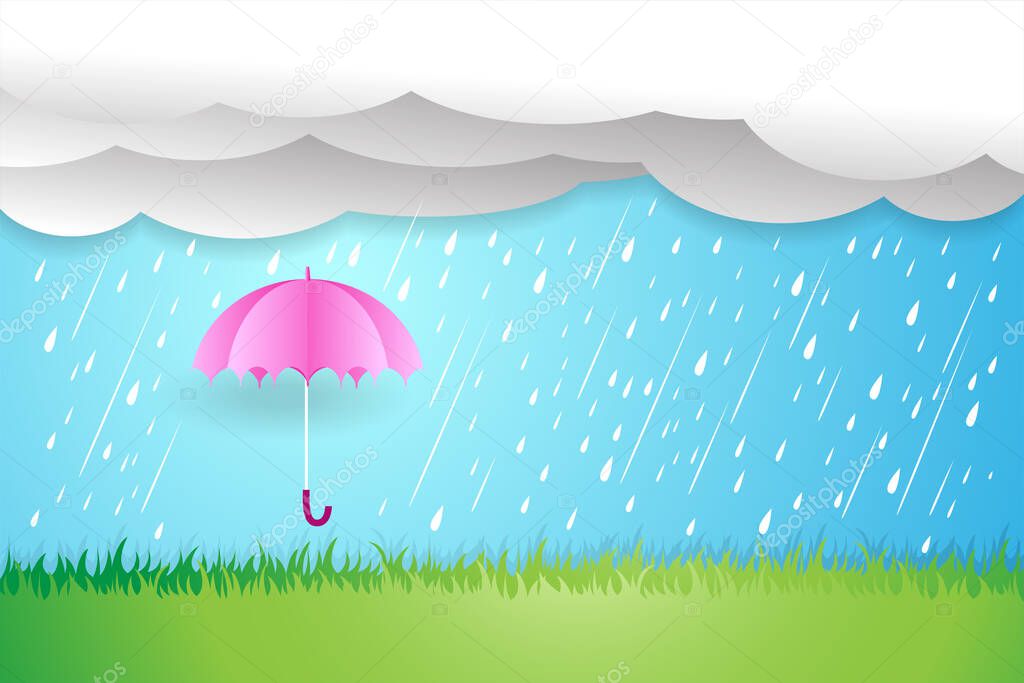 Heavy rain in dark sky, umbrella in the rain,rainy season, clouds and storm, weather nature background, vector illustration.