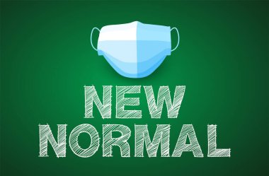 Yeşil arka planda yeni normal kavram harfleri, güvenli nefes maskesi, covid-19, Hastalığa karşı koruma, önce güvenlik..