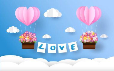 Sevgililer günü, güzel çiçek, kağıt sanat tarzı, gökteki kalp