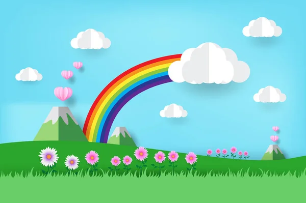 beautiful rainbow in the sky,  paper art style, vector design.