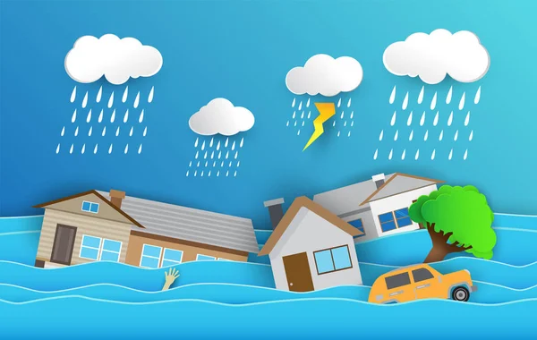 Inundación Desastre Natural Con Casa Fuerte Lluvia Tormenta Daños Con — Vector de stock