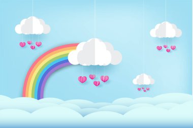 Gökkuşağı ve bulutlar mavi gökyüzünde, ve pembe kalp