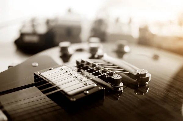 Guitarra Elétrica Macro Abstrato Preto Branco Usado Para Tocar Música — Fotografia de Stock