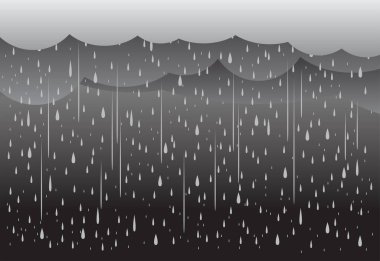 Karanlık gökyüzünde sağanak yağış, yağmur mevsimi, bulutlar ve fırtına, hava durumu, doğal afet seli, vektör illüstrasyonu. 