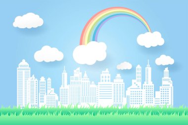 Şehir manzarasında güzel gökkuşağı ve çiçekler, kağıt sanat tarzı.