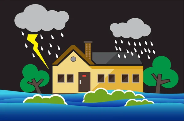 Flood natural disaster with house, heavy rain and storm , damage with home, clouds and rain, flooding water in city, Flooded house.