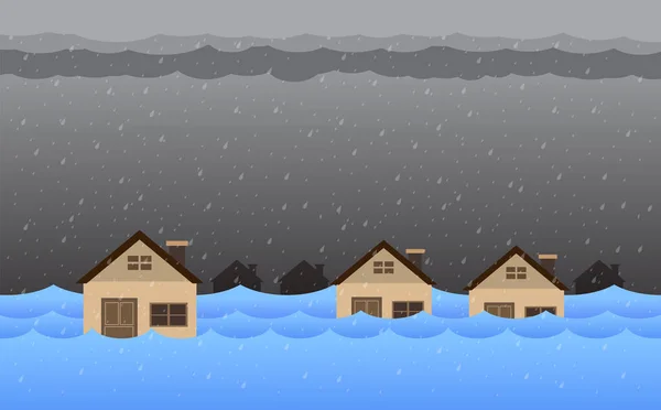 家と洪水自然災害 大雨と嵐 家との損傷 雲と雨 市内の洪水 洪水の家 — ストックベクタ