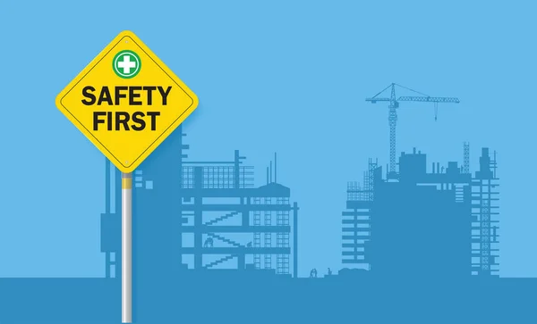 Sicherheit Erstes Zeichen Auf Dem Baugrund Industriegelbes Warnschild Vektordesign — Stockvektor