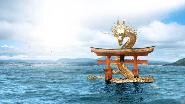 Gold Chinese Dragon Pose Itsukushima Floating Torii Gate Located Miyajima — Stock Photo, Image