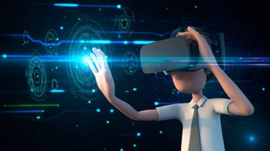 3D görüntüleme adamı Oculus simülasyonu giyer Google 'ı arar ve Halogra' ya dokunur