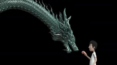 3D animasyon. Gözlük takan adam sanal gerçeklik takıyor ve Çin ejderhasının dijital kablosuna dokunuyor. Yeşil renk bükücü vücuduna alfa mat da dahil..