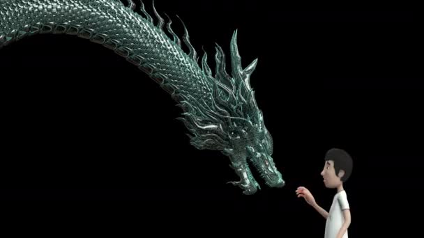 3D动画男子身穿眼镜虚拟现实和触摸中国龙数码线框绿色弯曲身体男子包括阿尔法垫 — 图库视频影像