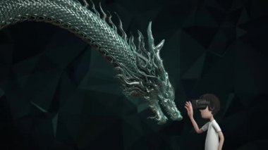 3D animasyon adam gözlük takıyor sanal gerçeklik ve Çin ejderhası dijital kablosuna dokunuyor yeşil çerçeve ve arkaplan dijital alfa katmanı içerir.