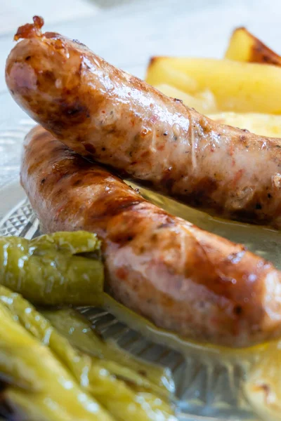 Spanish Pork Sausages Butifarras Potatoes Onion Green Peppers Roasted Tomatoes — Stock Photo, Image
