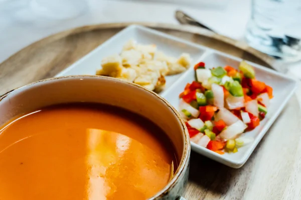 Cold vegetable soup (gazpacho), typical food of Andalusia, Spain, pieces of various vegetables