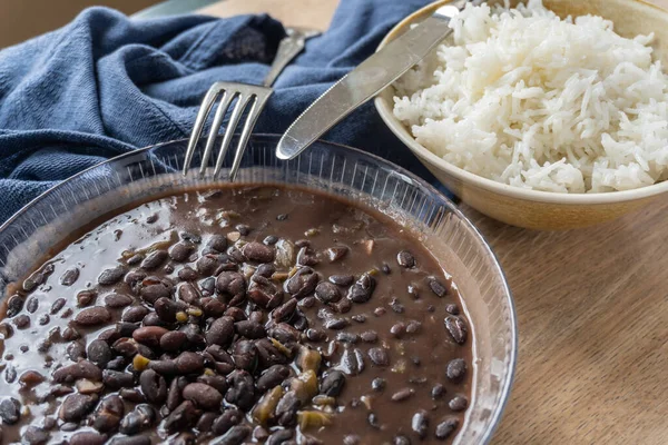 Traditional Cuban Cuisine Black Beans Rice Two Clay Bowls — Stock Photo, Image