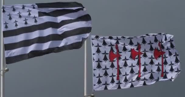 Σημαία Της Βρετανίας Και Λάβαρο Του Κονκαρνό Κυματίζουν Στον Άνεμο — Αρχείο Βίντεο