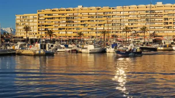 キュプリアン ピレネー オリエンタレス フランス サンキュプリアンのフラットの前にある漁港と伝統的な地中海の漁船 1960年に設立 — ストック動画