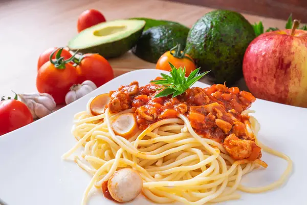 Spaghetti Fresh Tomatoes Seasonings — Stock Photo, Image