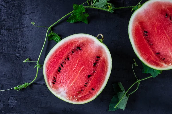 Fresh Water Melon Fruit Cut Half Black Background — Stock Photo, Image