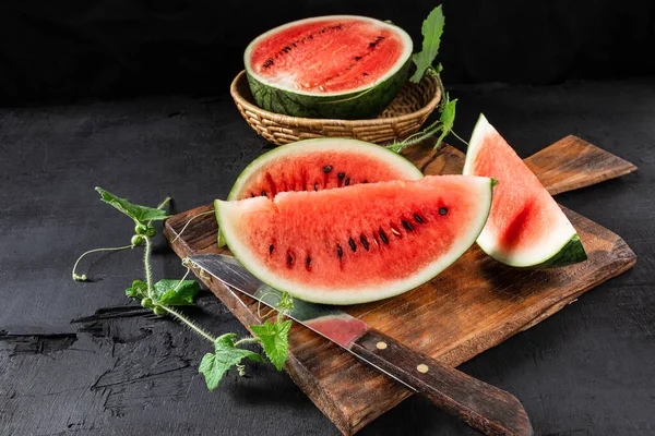 Watermelon Slices Cut Half Wooden Cutting Board — Stock Photo, Image