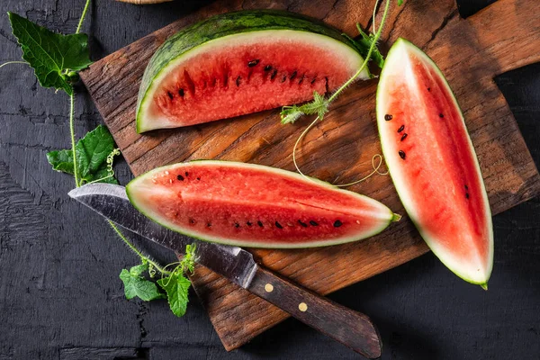 Watermelon Slices Cut Half Wooden Cutting Board — Stock Photo, Image