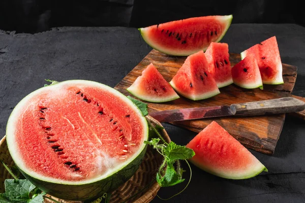 Fresh Water Melon Slices Wooden Cutting Board — Stock Photo, Image