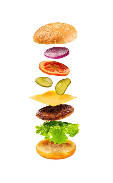 Burger Flying Ingredients White Background Delicious Hamburger Air Food Levitation — Stock Photo, Image
