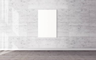 Duvarda beyaz bir poster ve senin tasarımın için boş çerçeve modeli var. Modelleme.