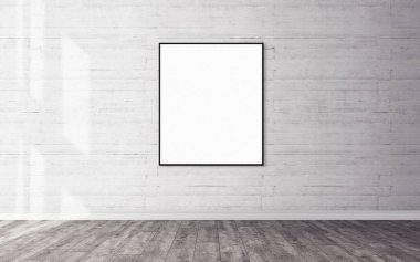 Duvarda beyaz bir poster ve senin tasarımın için boş çerçeve modeli var. Modelleme.