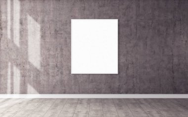 Duvarda beyaz bir poster ve senin tasarımın için boş çerçeve modeli var. Modelleme.