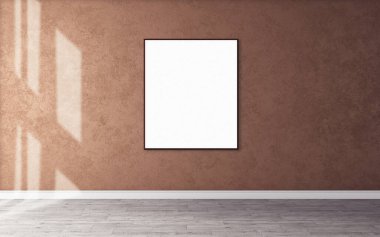 Duvarda beyaz bir poster ve senin tasarımın için boş çerçeve modeli var. Modelleme.