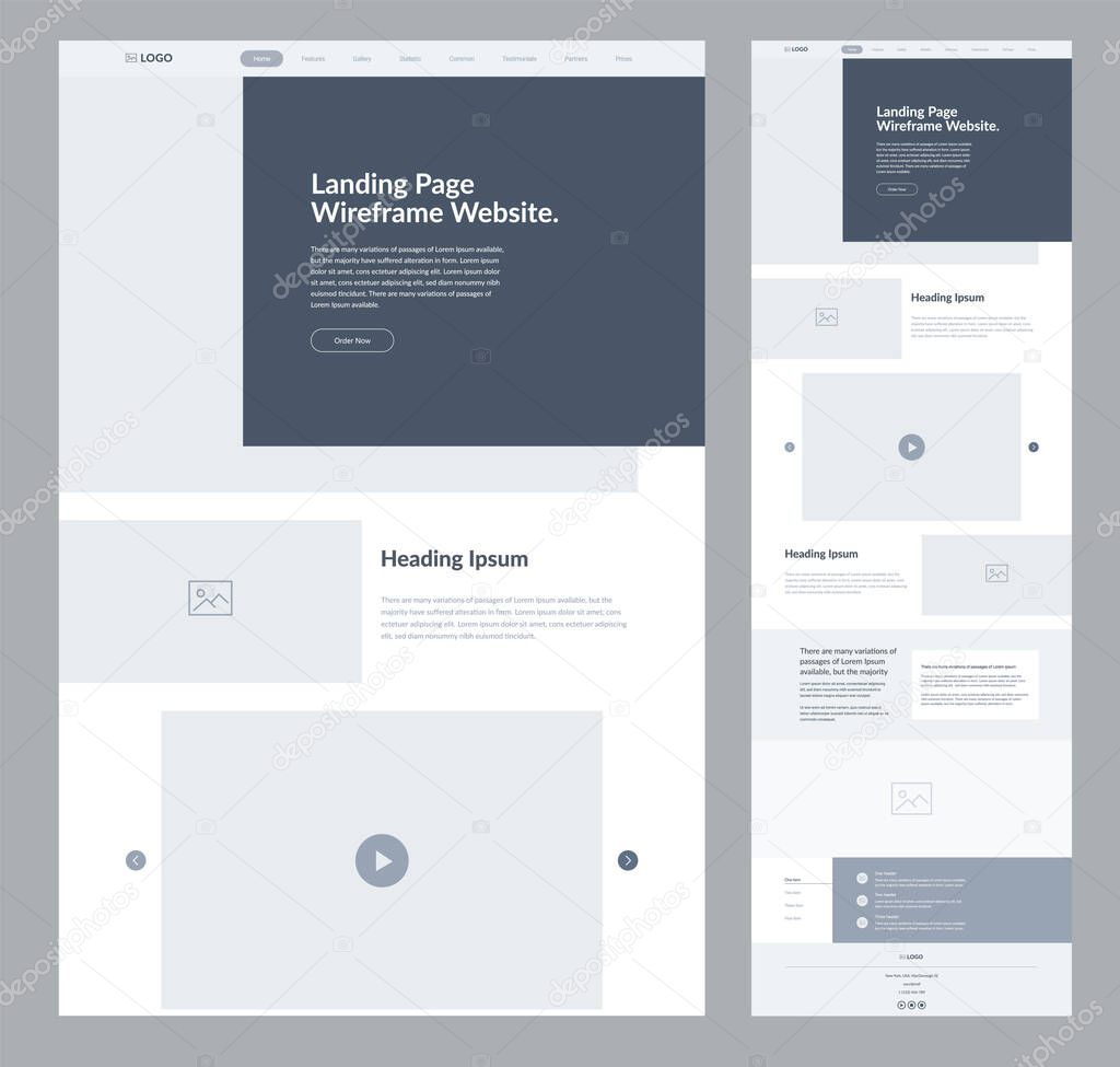 Landing page wireframe design for business. One page site layout template. Modern responsive design. UX UI website pege for business.