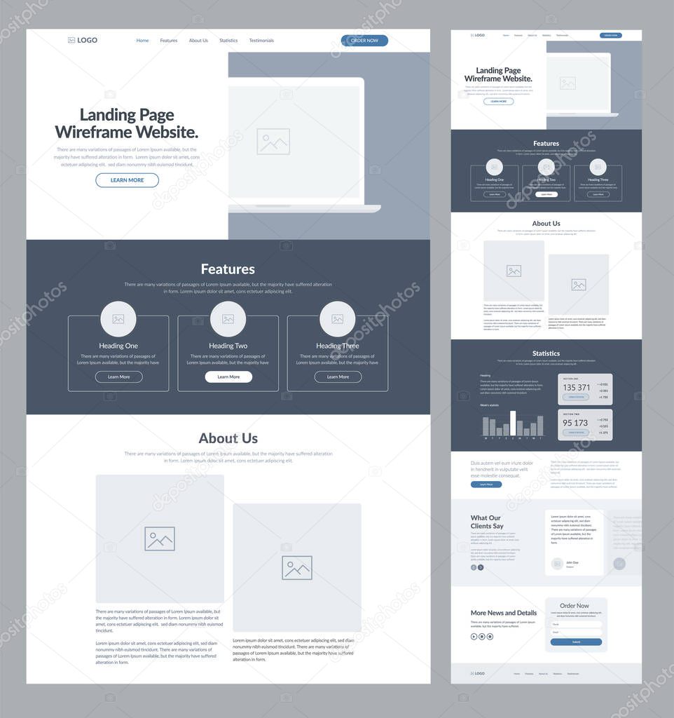 Landing page wireframe design for business. One page site layout template. Modern responsive design. UX UI website pege for business.