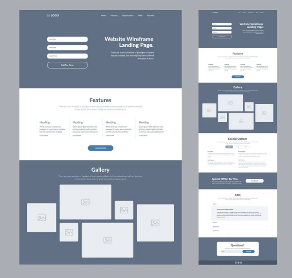 Website Landing Page Wireframe Design Für Unternehmen Eine Seitenlayoutvorlage Moderne — Stockvektor