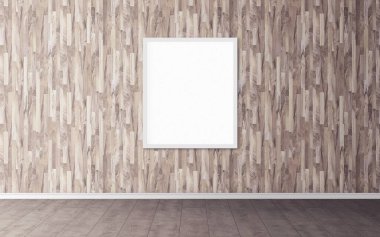 Duvarında beyaz çerçeve olan beyaz boş poster. Tasarım önizlemeniz için boş maket. Sunum için iyi kullanım.