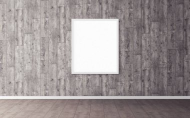 Duvarında beyaz çerçeve olan beyaz boş poster. Tasarım önizlemeniz için boş maket. Sunum için iyi kullanım.