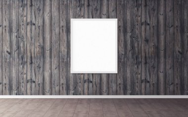 Duvarında beyaz çerçeve olan beyaz boş poster. Tasarım önizlemeniz için boş maket. Sunum için iyi kullanım.