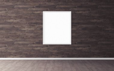 Duvarında beyaz çerçeve olan beyaz boş poster. Tasarım önizlemeniz için boş maket. Sunum için iyi kullanım.