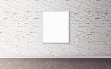 Duvarında beyaz çerçeve olan beyaz boş poster. Tasarım önizlemeniz için boş maket. Sunum için iyi kullanım.