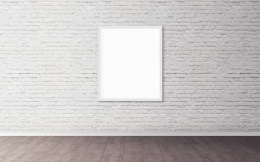 Duvarında beyaz çerçeve olan beyaz boş poster. Tasarım önizlemeniz için boş maket. Sunum için iyi kullanım.